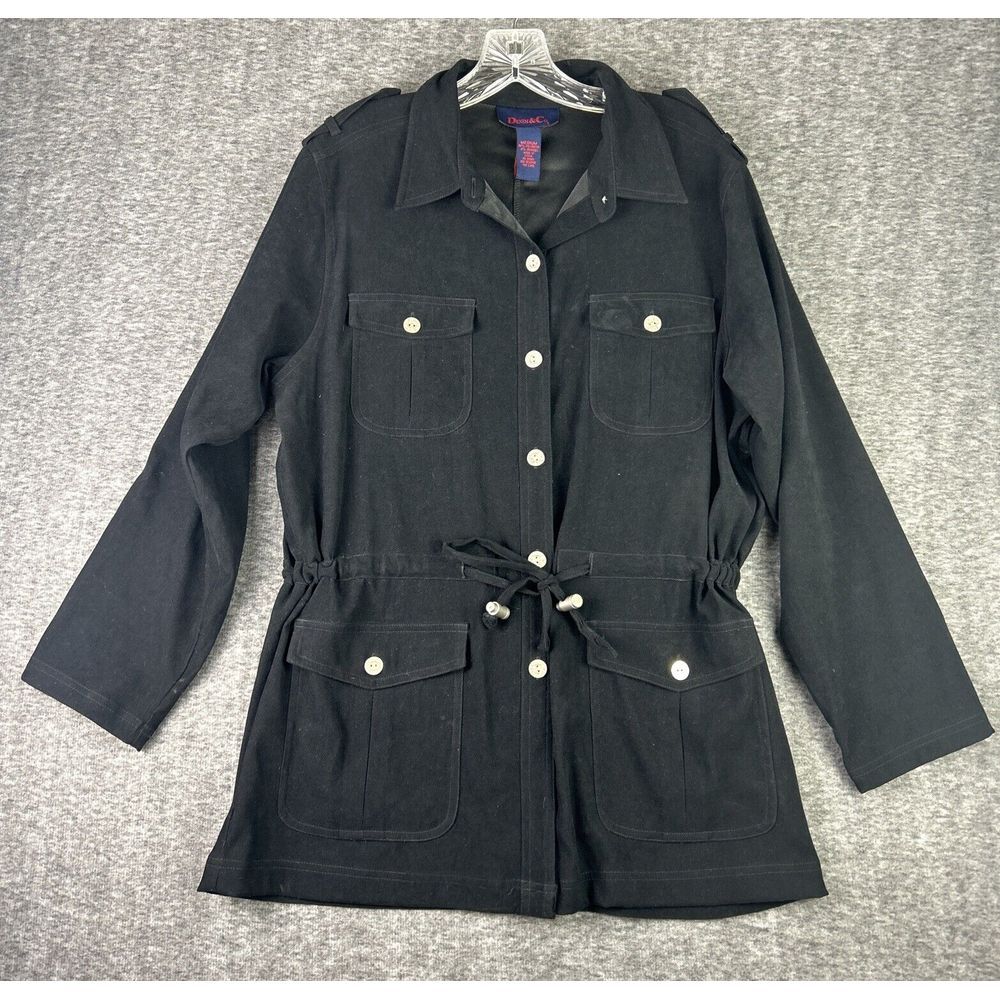 Denim & Co Womens Medium Black Blouse Top‎ Button Up Front Tie Up Long Sleeve